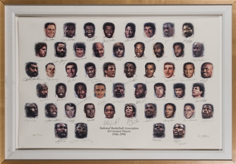 NBA 50 Greatest Players Litho Completely Signed in 32x45 Framed Display (NBA LE 34/100) (JSA)